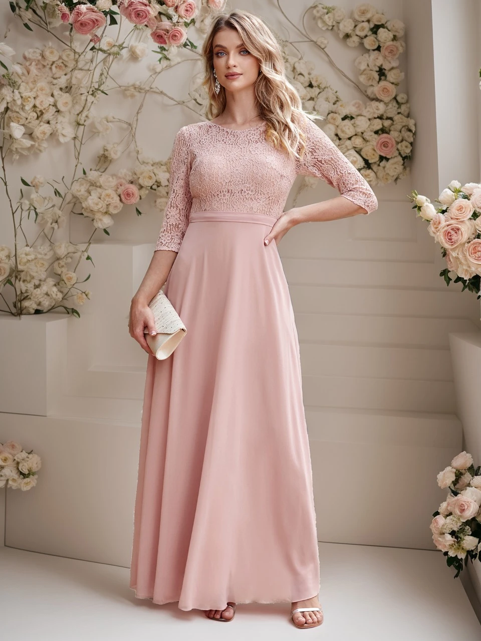 

Bean Pink Floral Lace Evening Dresses With Sleeve Cutout Lace 3/4 Sleeve O-Neck Empire Prom Dress Chiffon A-Line Bridesmaid Gown