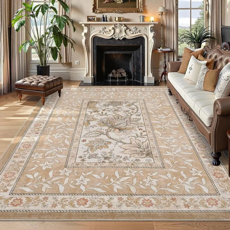 Classic Beige Floral Vine European Area Rug Elegant Traditional Carpet for Parlor Sophisticated Low Pile Floor Mat