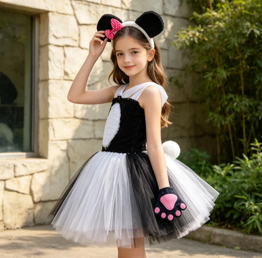 Children Black White Cute Cartoon Panda Animal Style Halloween Tutu Dress Birthday Party Photo Prop Outfit With Ears Bowtie Tail