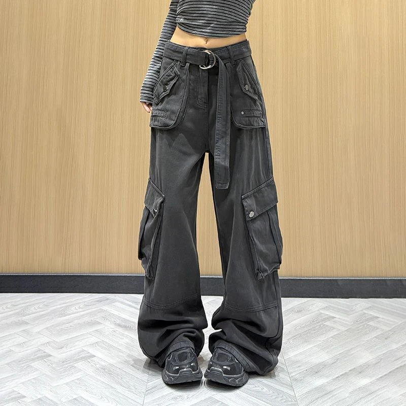 2025 autumn and winter new street versatile multi-pocket tooling jeans women's casual loose and thin wide-leg trousers