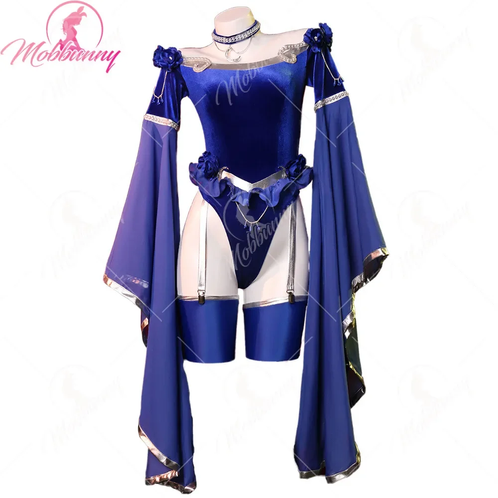 

Mobbunny Women Medieval Style Sexy Lingerie Set Flower Decor Big Sleeves Blue Bodysuit with Stockings Choker Cosplay Costumes