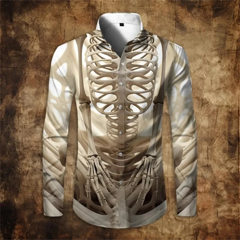 Newest Skull 3D Printed Long Sleeve Shirts For Men Cloths Vintage Lapel Button Tops Casual High Quality Streetwear Shirt Male