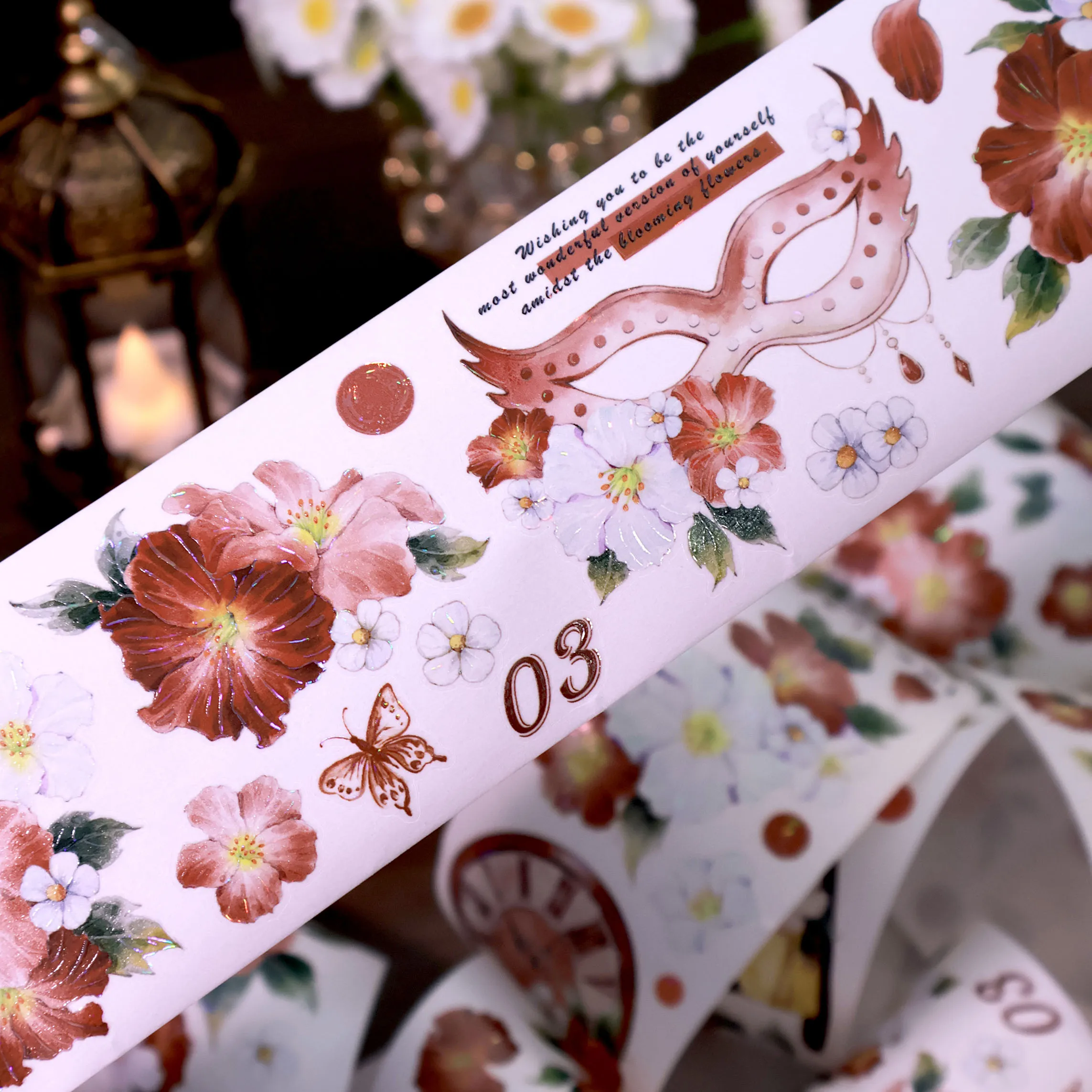 v1 Vintage Red Flower Washi Tape Shell Light PET Die Cut Sticker for Scrapbooking Journal DIY Craft Supply