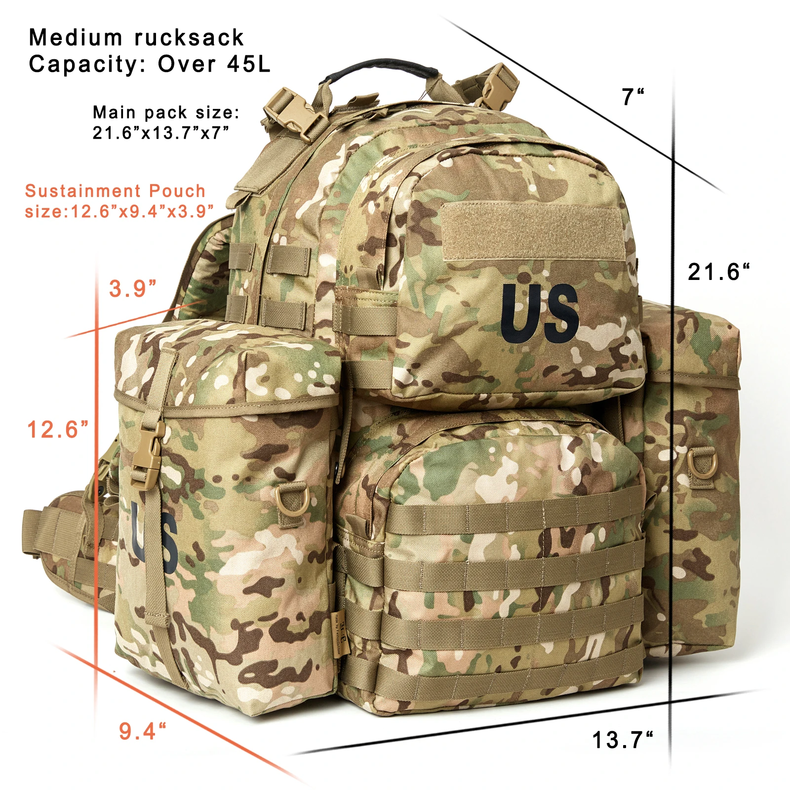 Akmax Military MOLLE 2 Medium Backpack Army Tactical 50L Assault Rucksack Pack with External Frame Woodland