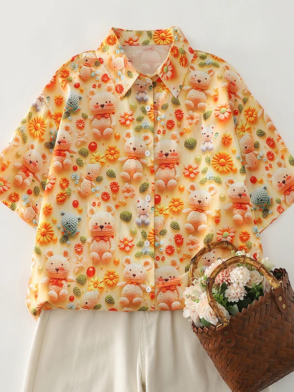 

Loose Women's Short Sleeve Shirt Floral Print Artistic Style Breathable Casual Top Korean Japanese High End Fashion Design