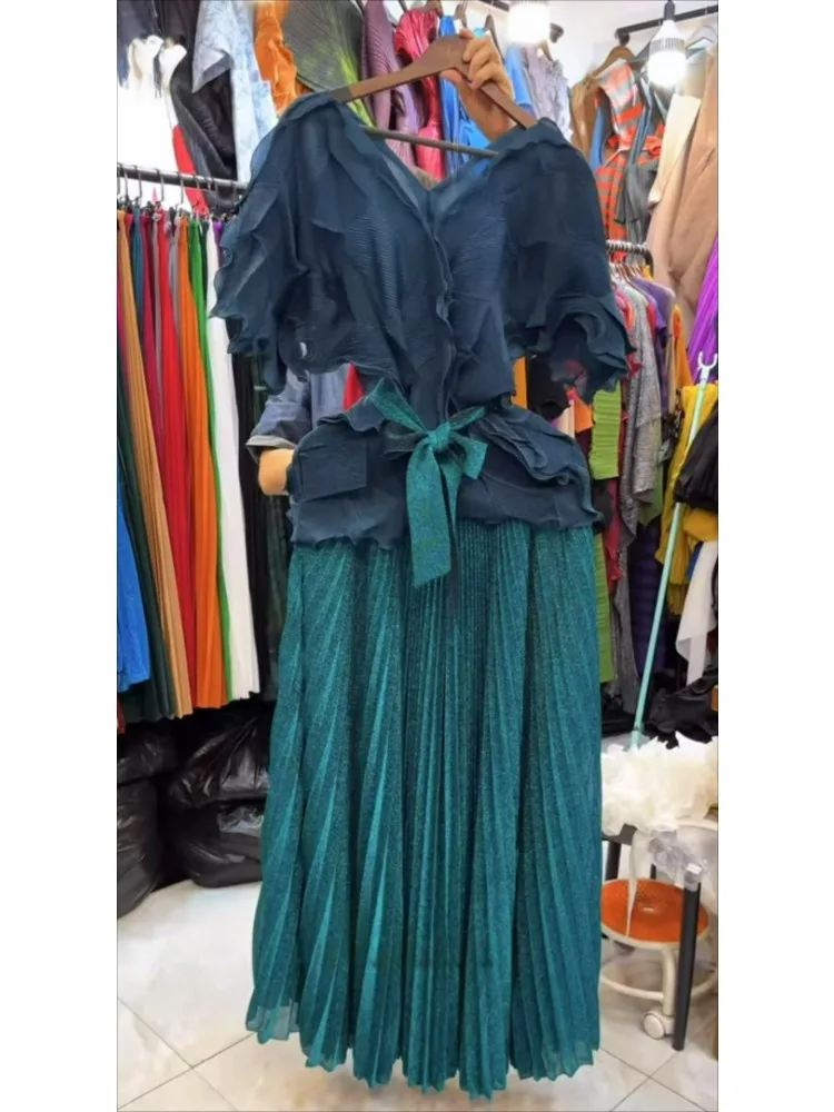 African Fashion Pleated 2 Pieces Set Fungus V Neck Short Sleeve T Shirt + A Line Loose Skirt Loose New 2025 Female Clothing
