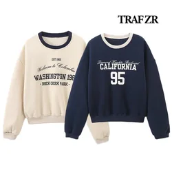 TRAF ZR Varsity Sweatshirt Long Sleeves Pullovers Woman 2024 O-NECK Preppy Style Sweatshirts Front Text Print Autumn Tops