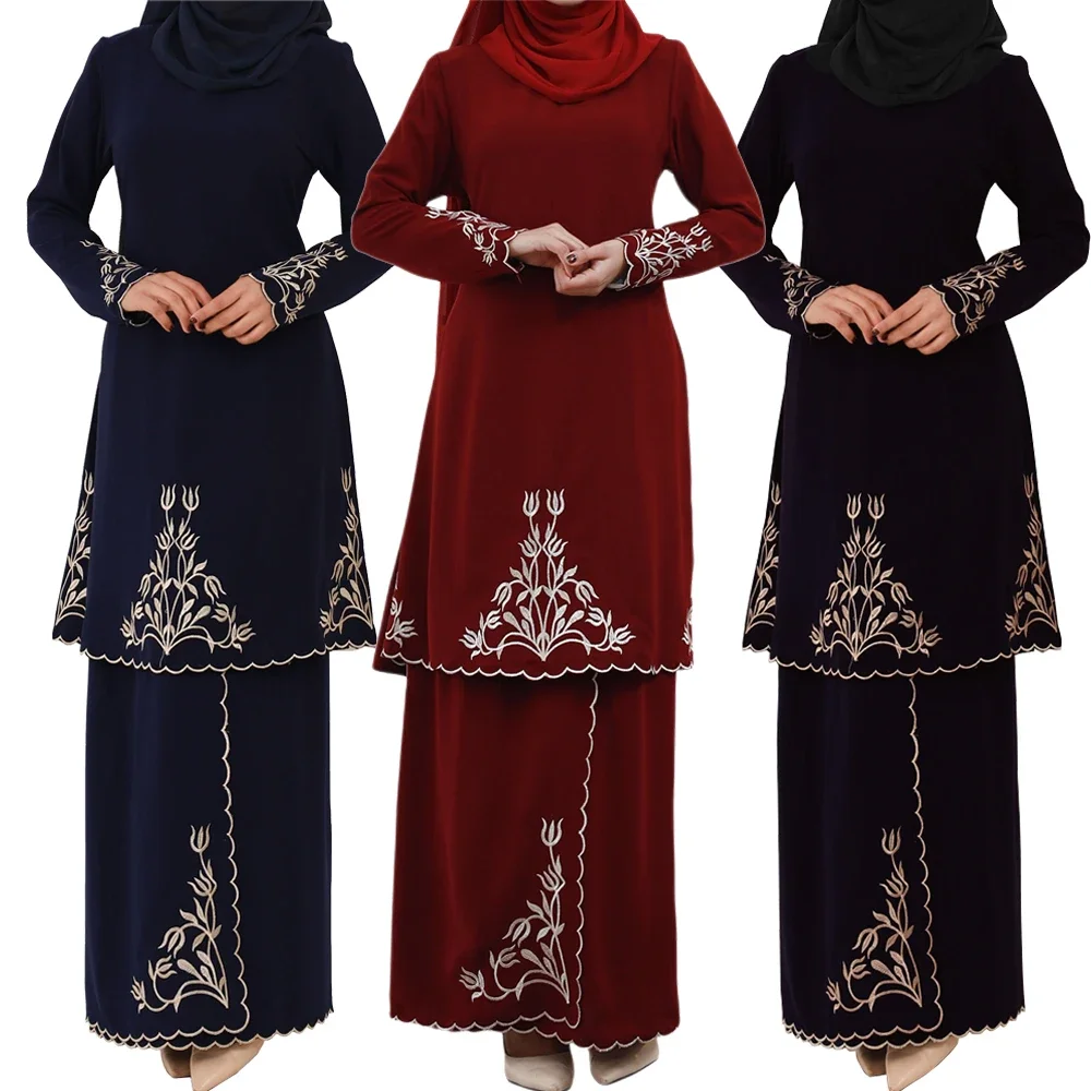 2 Pieces Set Malaysia Muslim Women Abayas Embroidered Tops Long Maxi Skirt Eid Kaftan Turkey Islamic Arab Dresses Dubai Outfits