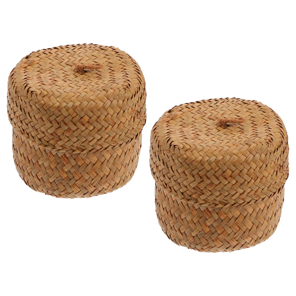 

2 Pcs Baskets Flower Box Small Woven Seagrass Storage Packing Lidded Bin Organizer Travel