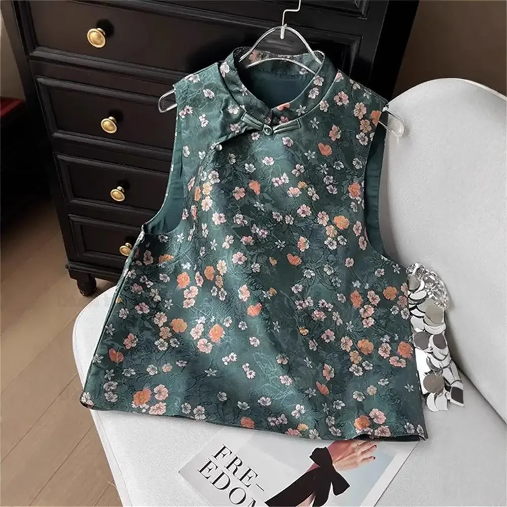 Satin Blouse Button Hanfu Vest Green Vintage Jacquard Chinese Style Vest Flower Sleeveless Mandarin Collar Tank Top Outwear