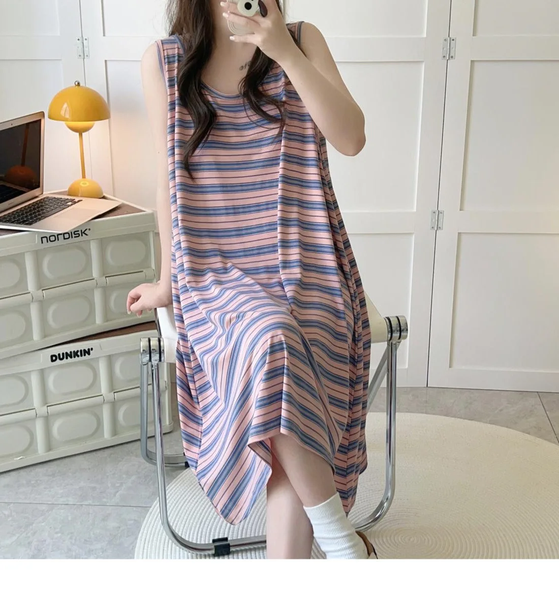 M-3XL فستان بكتافة مخطط غير رسمي حجم كبير ملابس نوم قطنية سترة دون أكمام فستان النوم المرأة منامة قمصان النوم قميص النوم