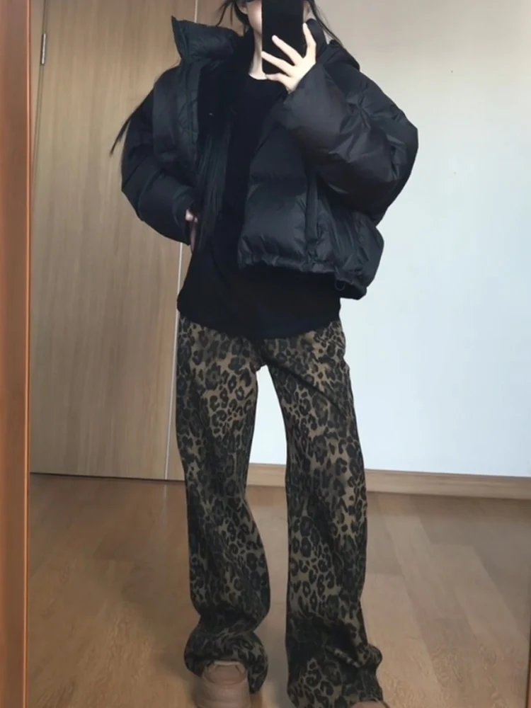 Damskie jeansy w stylu retro z amerykańskim wzorem w panterkę, na wiosnę i jesień, z szerokimi nogawkami, luźne, w małych rozmiarach, lekko rozszerzane, proste spodnie.