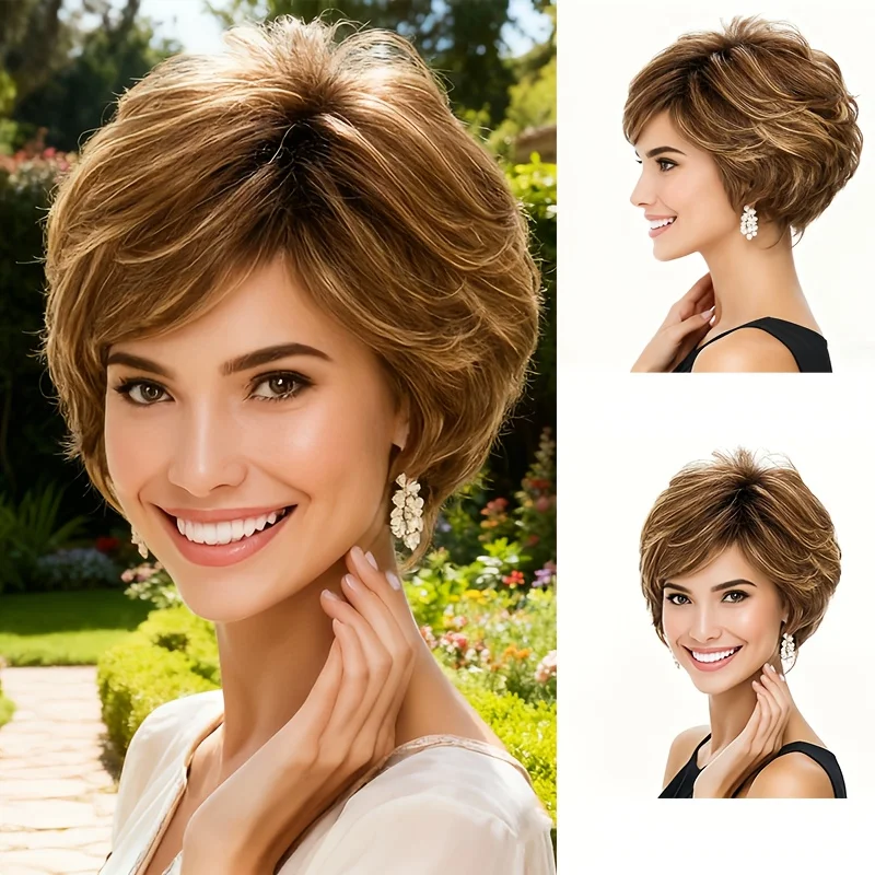 Women's short curly wig with side-swept bangs, highlighted with dark brown light gold synthetic fibers, suitable for all women