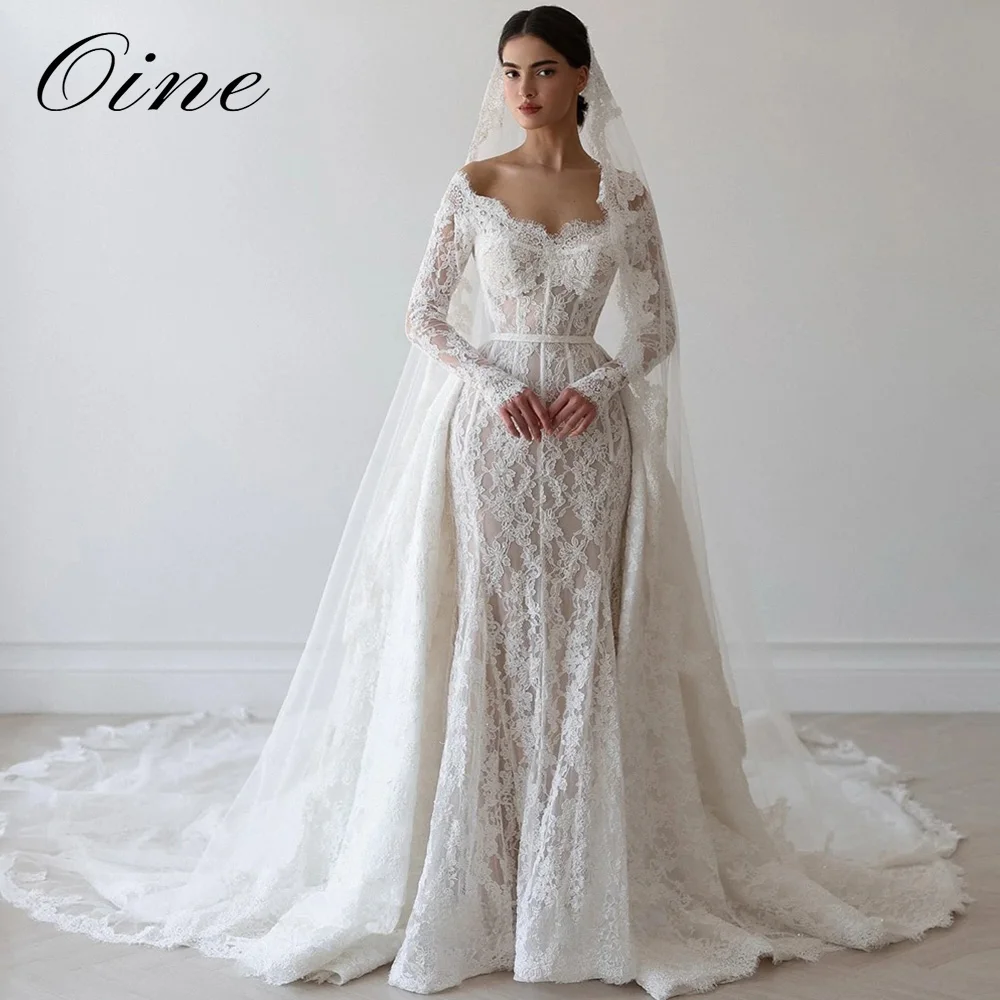 Oine Customized Sexy Mermaid Lace Boho Appliques Wedding Dress 2026 V-Neck Full Sleeves Detachable Train Corset Robe De Mariée