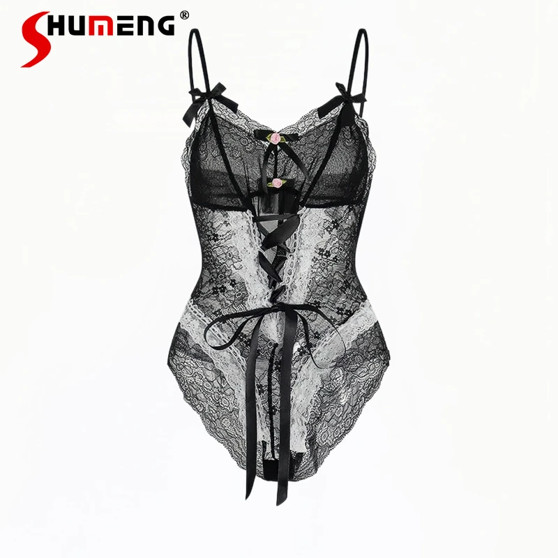 

Сексуальные сетчатые комбинезоны Sweet Pure Desire для девочек, цельное женское черно-розовое кружевное тонкое нижнее белье с открытой спиной и v-образным вырезом