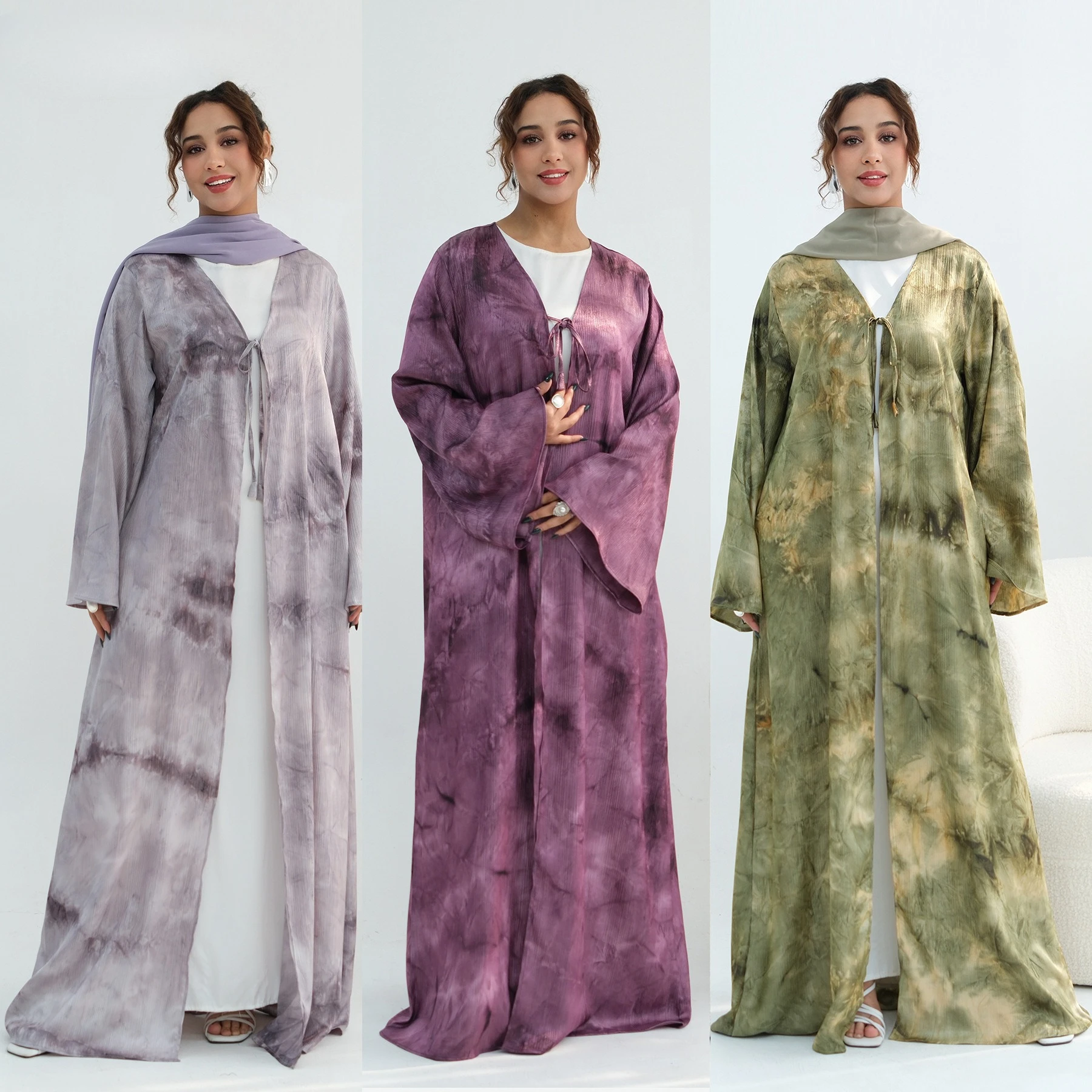

Eid Abaya Women Tie Dye Print Lace-up Cardigan Dress Muslim Jalabiya Ramadan Dubai Party Arab Long Robe Kaftan Vestidos Largos