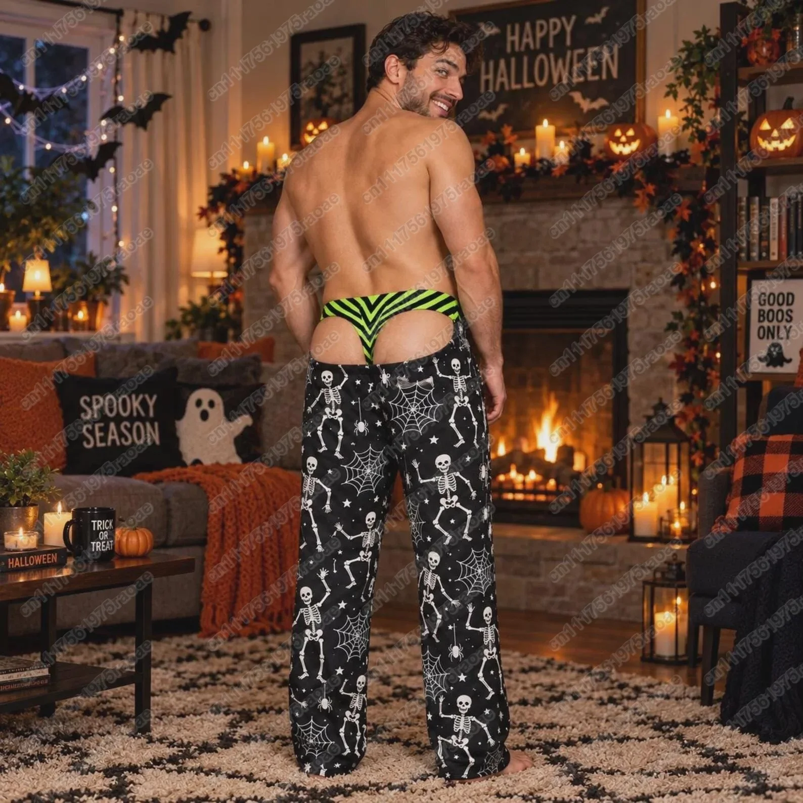 Men's Funny Christmas and Halloween Themed Underwear with 3D Printing, Visually Illusory, Humorous and Personalized Long Pants