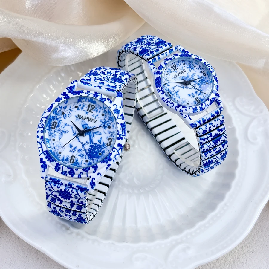 Watch for Men & Women: Blue & White Porcelain Dial Elastic Strap Matching Couple's Set