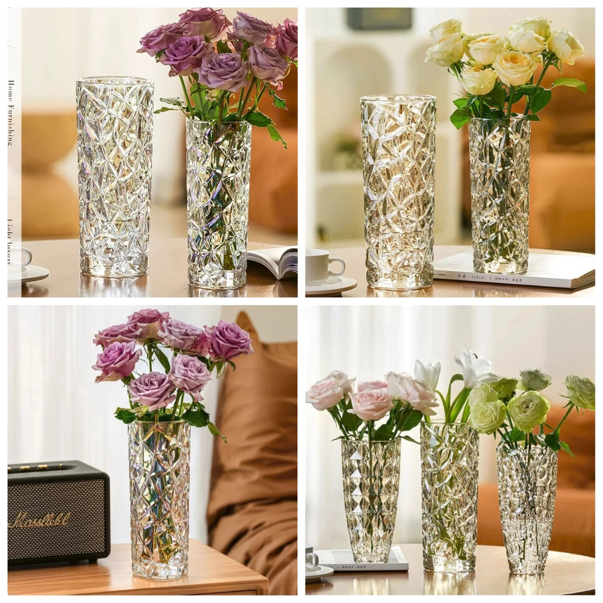 PYH Modern Simple Fashion Thickened Glass Water Raising Rose Lily Dried Flower Arrangement Living Room Vase