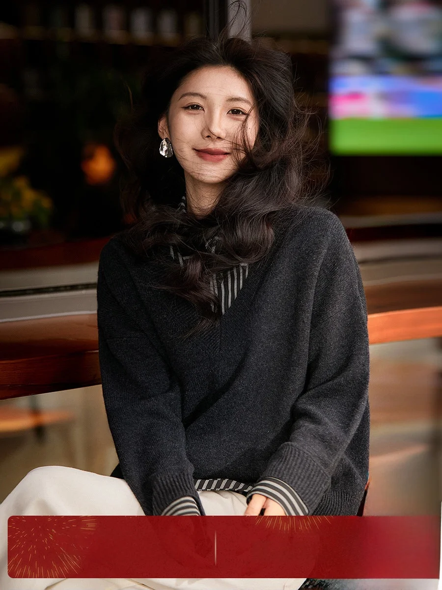 

Женский топ Xiao Han Ge "ay System" в стиле ретро, вязаный, из шерсти, имитация двухслойности, теплый, удобный, свободного кроя, длинный рукав