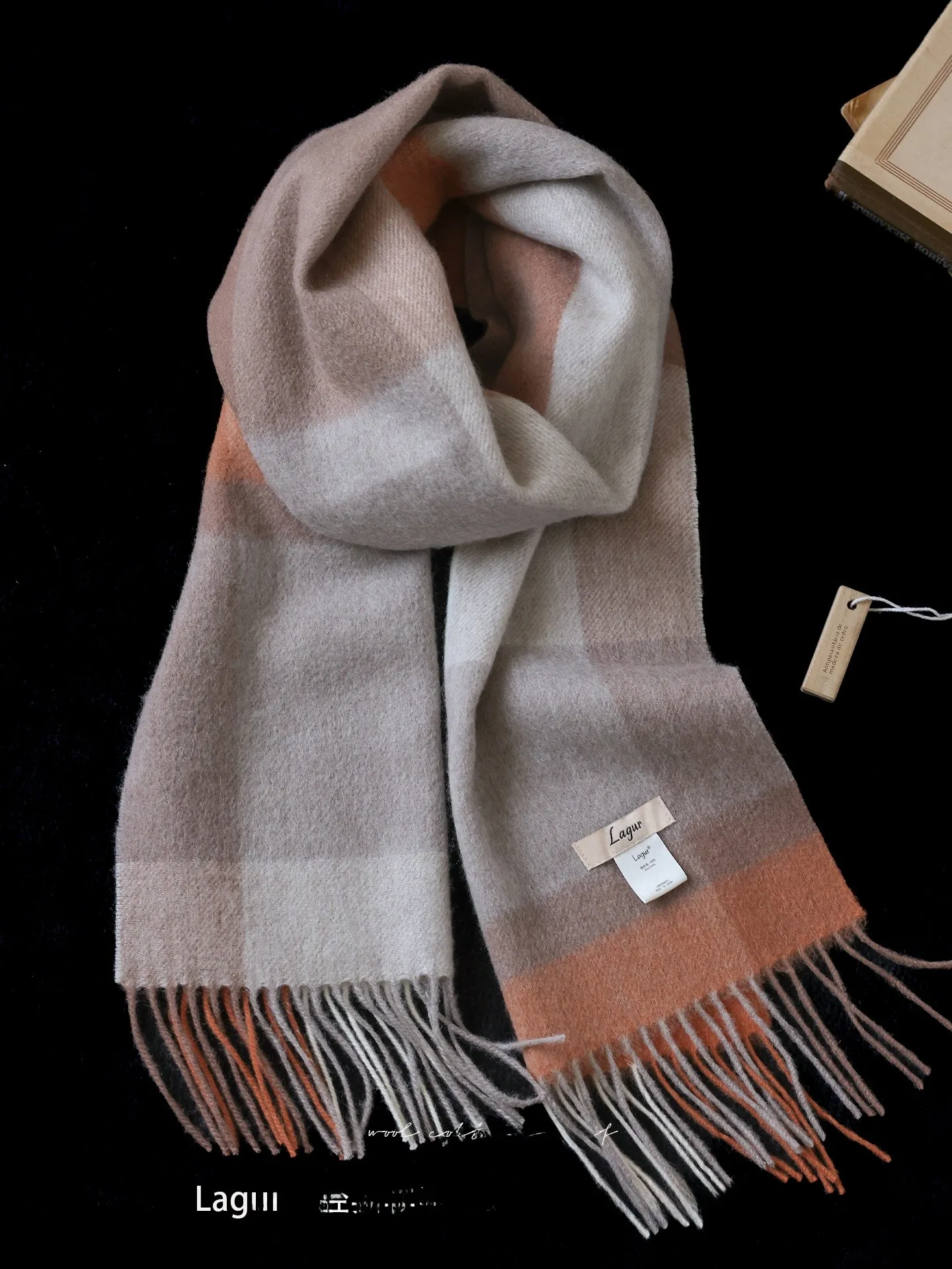 クラシックウールチェック柄スカーフ女性用厚手冬用ギフトボックスオレンジサンライト00％ピュアウールスカーフ韓国風タッセルエッジ