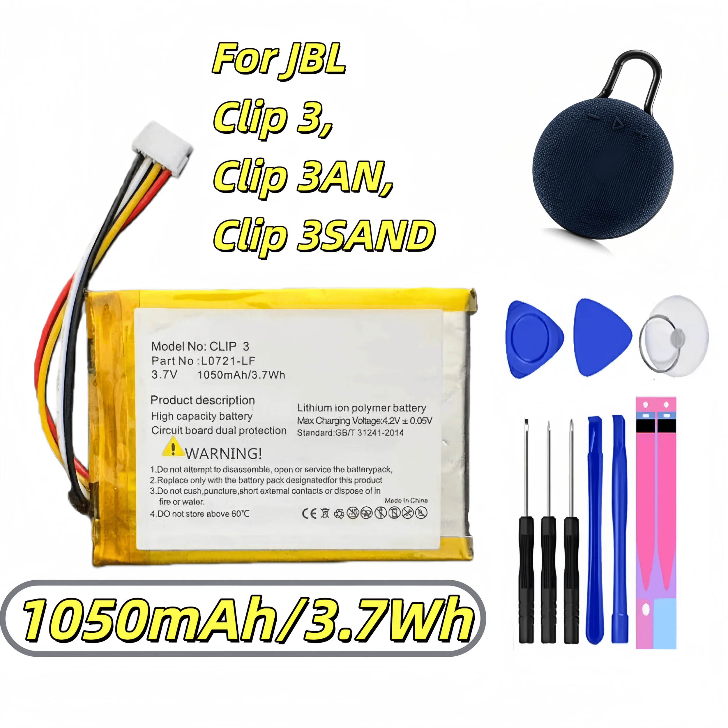 

3.7V 1050mAh L0721-LF Replacement Battery For JBL Clip 3 Clip3 Clip 3AN Clip 3SAND Bluetooth Speaker Tools