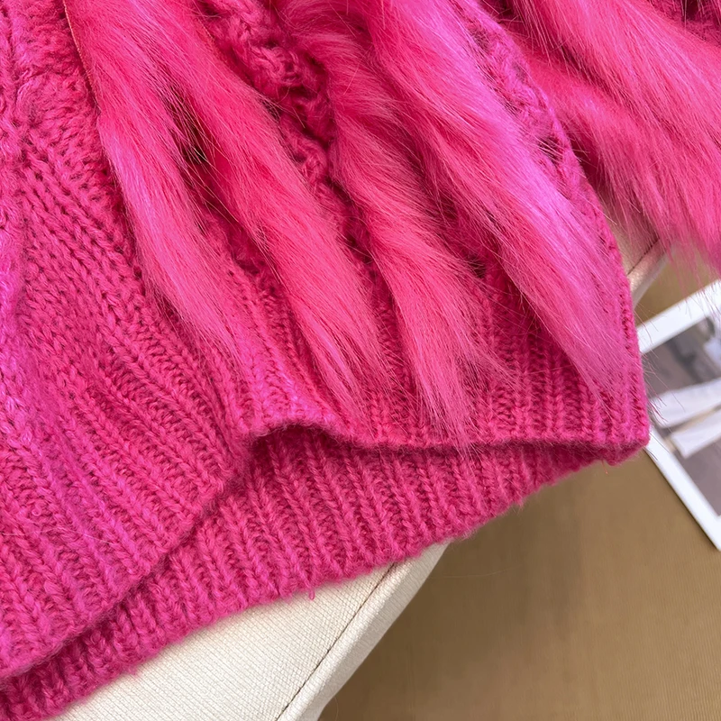 JSXDHK Luxury High Qulaity Women Loose Pullovers Jumper Autumn Winter Rabbit Fur Patchwork Knitting Thick O Neck Sweater Ladies