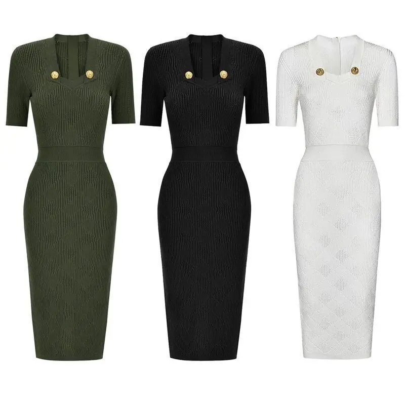 

Slim Fit Short Sleeve Knitted Dress Midi Length Simple Elegant Style Women's Fashion Spring Summer New Arrival Dress