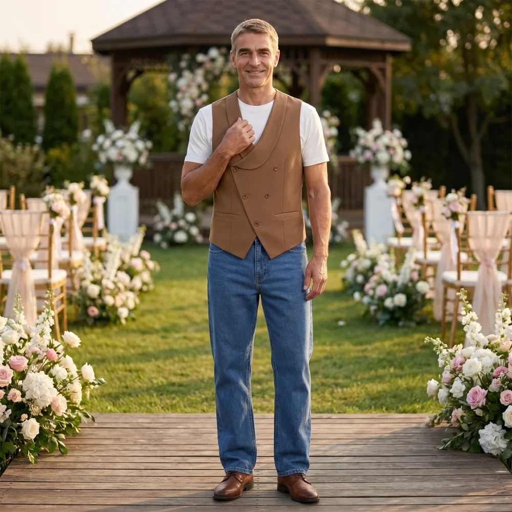 

Shawl Collar Men's Vest Double Breasted Business Polyester Real Pocket Men's Waistcoat For Wedding