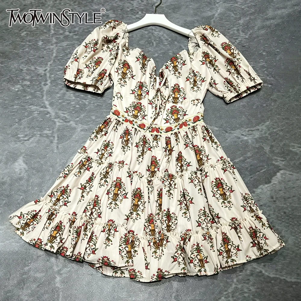 TWOTWINSTYLE Vintage Casual Floral Print Puff Sleeve Mini Dress for Women Waist Cinched Design A Line Skirt for Afternoon Tea