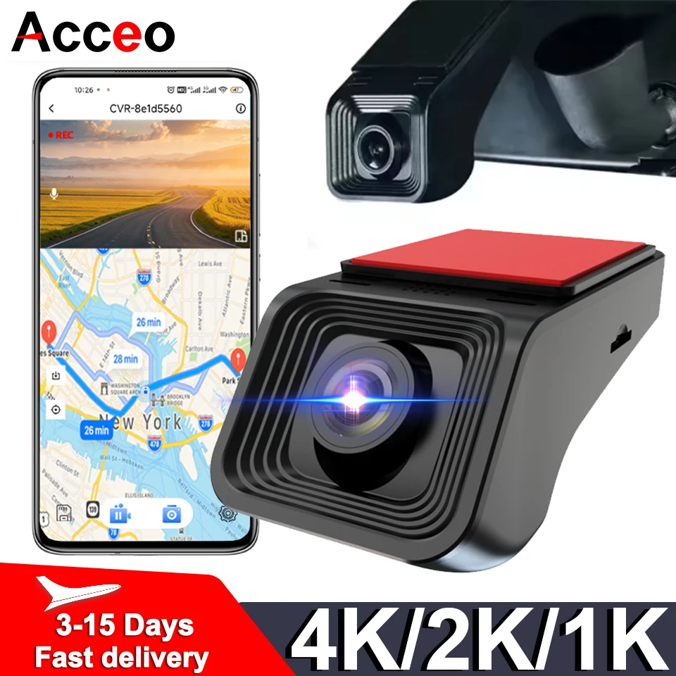 

Видеорегистратор Acceo 4K/2K/1K WiFi с широким углом обзора, G-сенсором, WDR, мониторингом парковки, управлением через приложение, суперчётким изображением, 170° ° Широкоугольная видеокамера для автомобиля