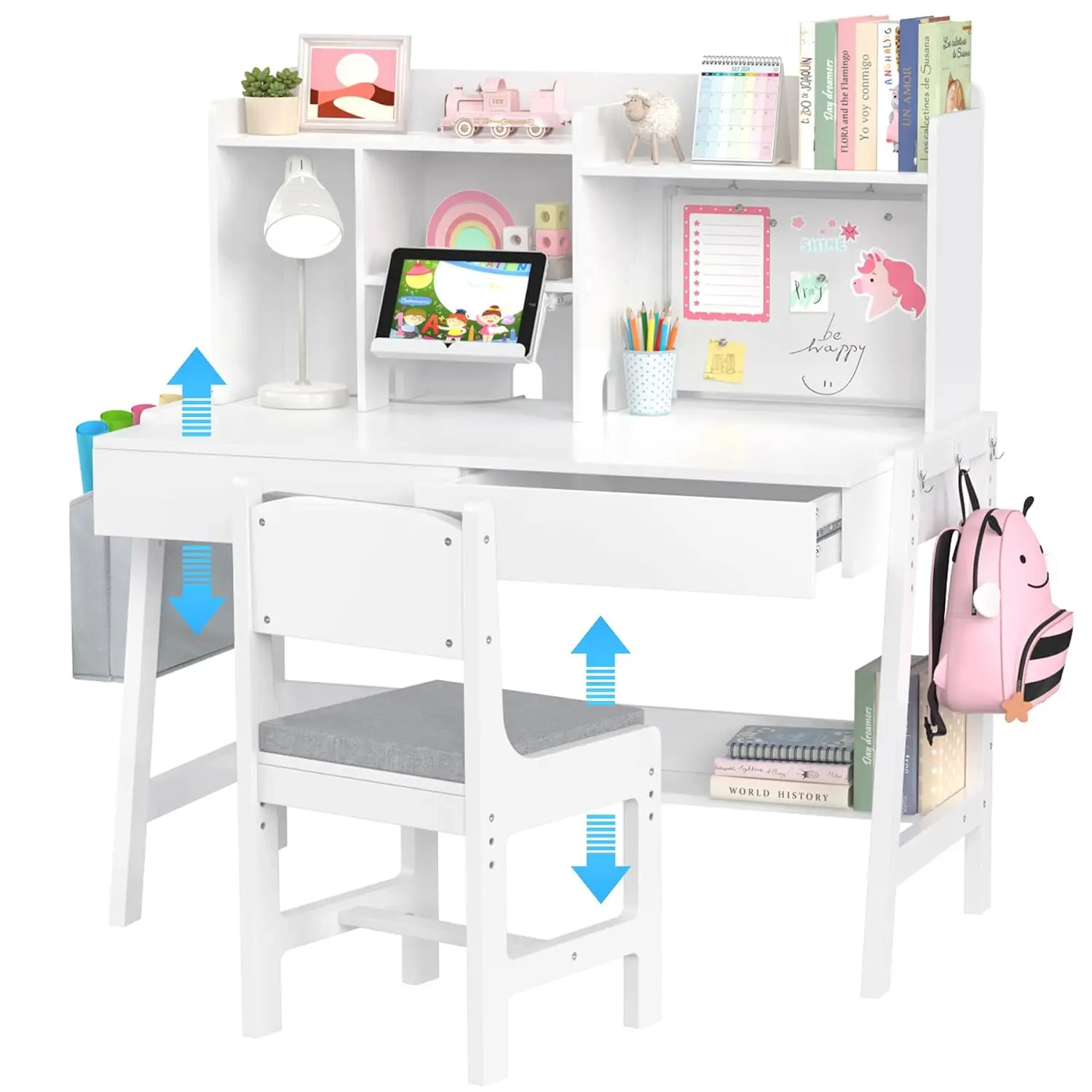 Height Adjustable Kids Study Desk & Chair Set with Hutch Drawers Book Stand Whiteboard Shelf for Ages 5-12, Customized