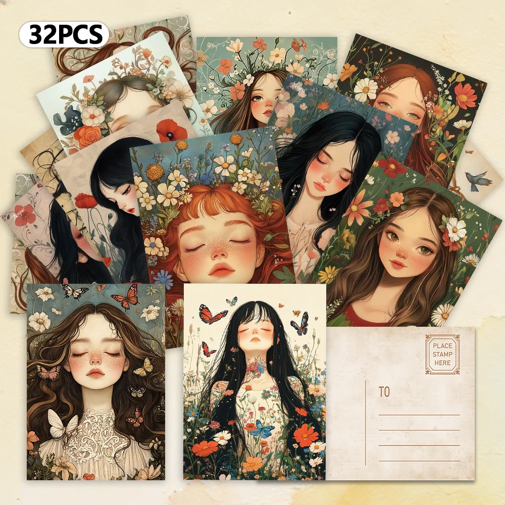 

32pcs, forest-style portrait postcards, indoor bedroom decoration, wall stickers, message cards, greeting cards, commemorative