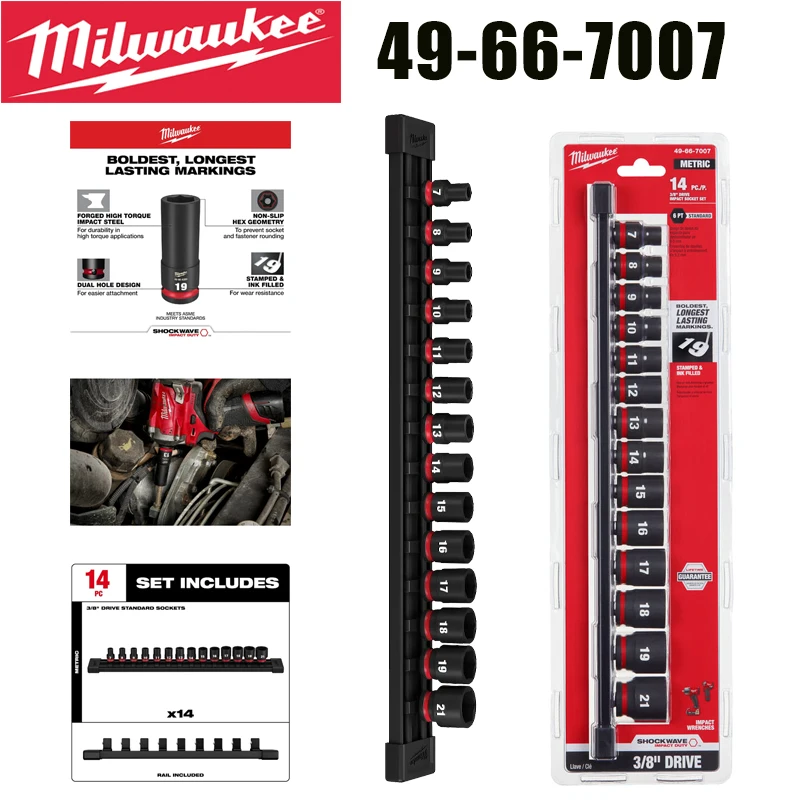 

Milwaukee 49-66-7007 SHOCKWAVE 3/8" Drive 14Pc Metric Impact Socket Set with Socket Storage Rail