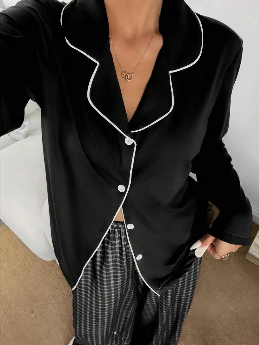 Womens Satin Collared Button Up Pajama Set With Plaid Pants