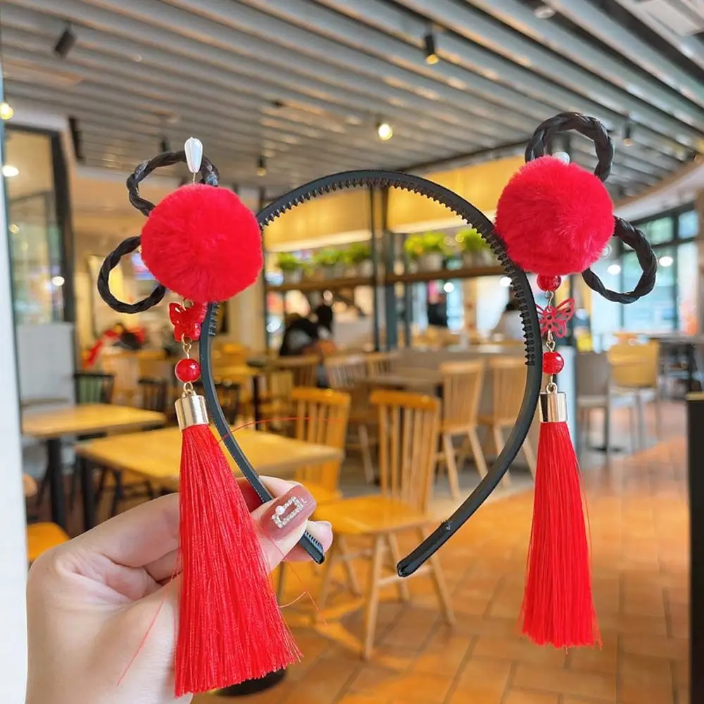 

Elastic Flower Tassel Pearl Bow Pigtail Wig New Year Headress Chinese Style Hair Band Children's Headband Hanfu Hair Hoop