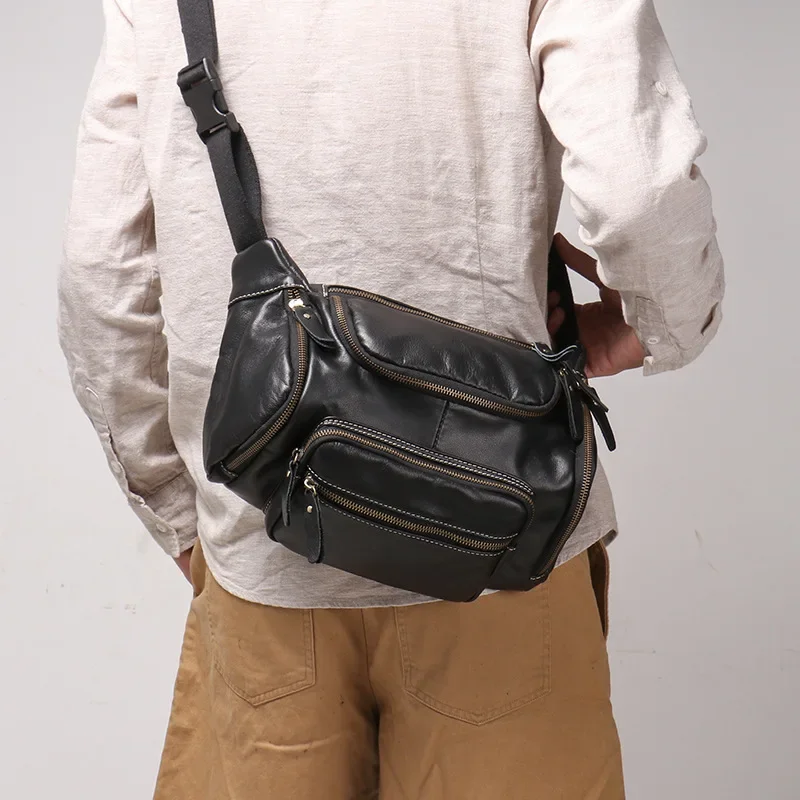 Genuine Leather Waist Bag For Men, Top-grain Cowhide Small Crossbody Shoulder Bag Fits Phone 7.9 inch iPad For Daily Outdoor Use