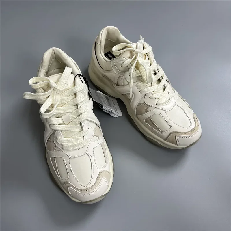 Mrxmus Dutit 2024 New Genuine Leather Sports Shoes Comfortable Thick Soled Height Increasing Small White Shoes Retro Dad Shoes