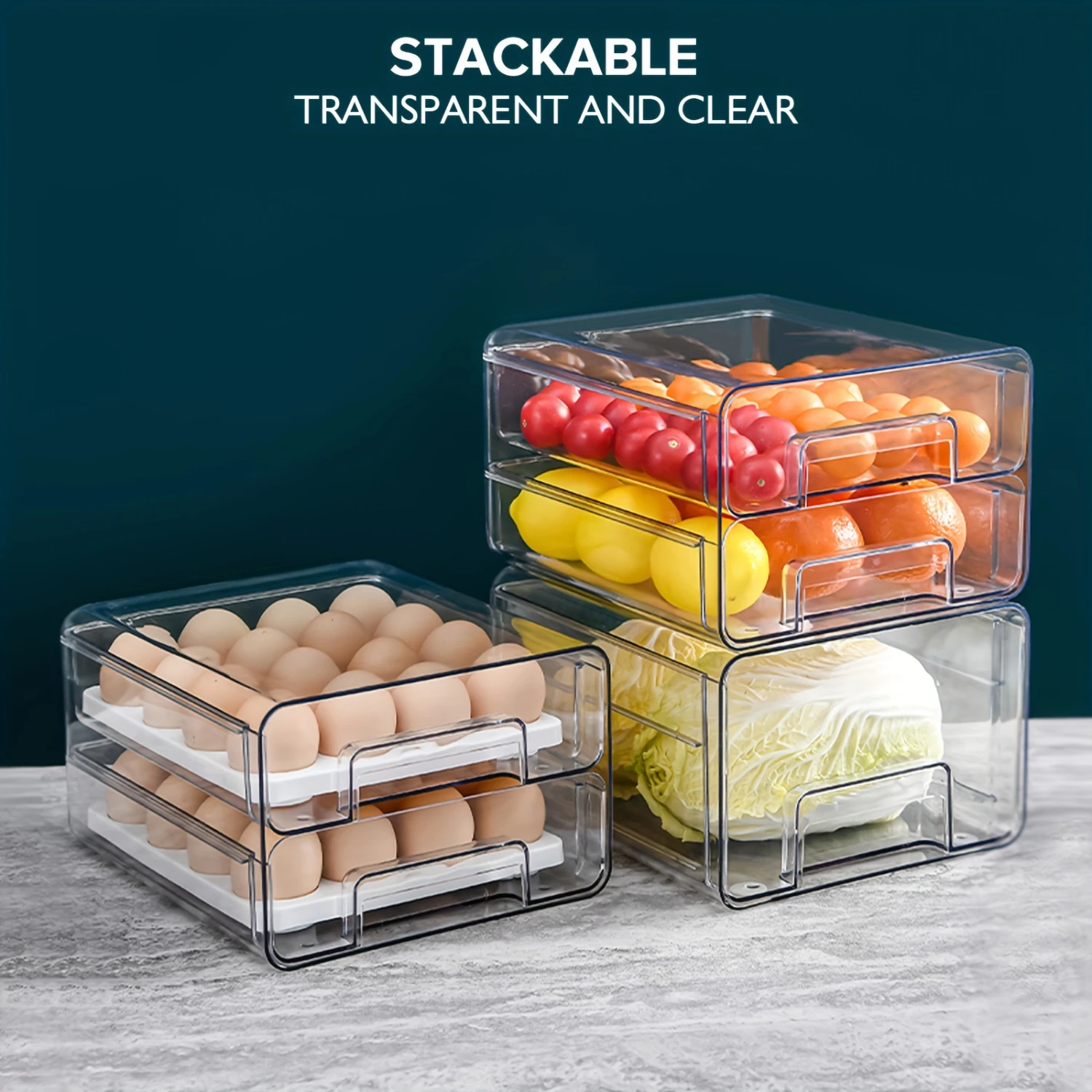 1pc Large Capacity Egg Holder for Refrigerator - Clear Double Layer Drawer Type  Box with Removable Egg Tray and Drain Tray - Mu