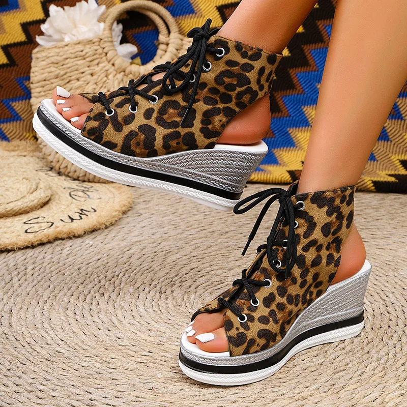

Fashion Leopard Print Fish Mouth Wedge Heel Casual Sandals for Women Summer New Open Toe Comfortable Lace Up Chunky Sandals