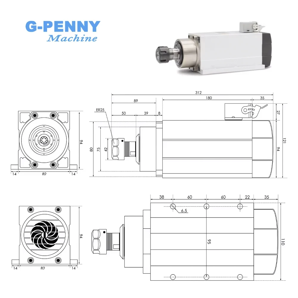 G-Penny 2.2kw ER25 Air Cooled Spindle Motor With /Without Flange CNC 220v /380v Ceramic Ball Bearings Spindle 0.01mm Accuracy