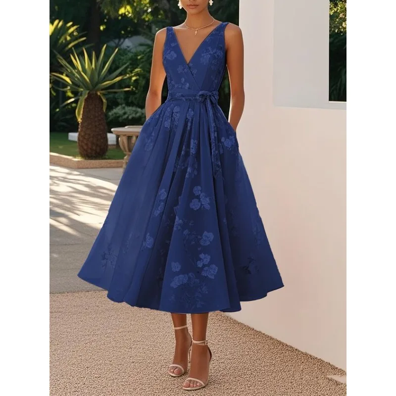 Chic Sexy V Neck Bow Lace Up Womens Party Dress Summer Casual Pleated Boho Dresses Elegant Vacation Sleeveless A-Line Long Dress