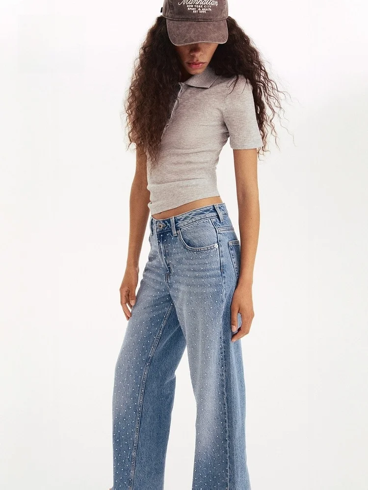 High Waist Wide Leg Denim Jeans Women's Winter Faion Decorated Nail Detail Cotton 00% H&M Brand 300894