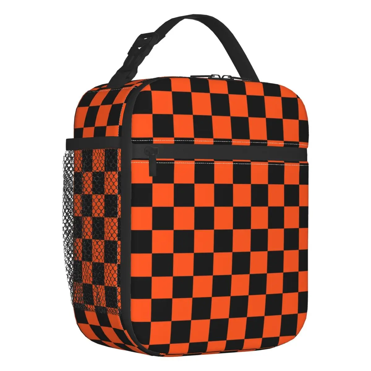 Custom Black And Orange Checkerboard Pattern Insulated Lunch Bag Work School Plaid Resuable Cooler Thermal Lunch Box Women Kids