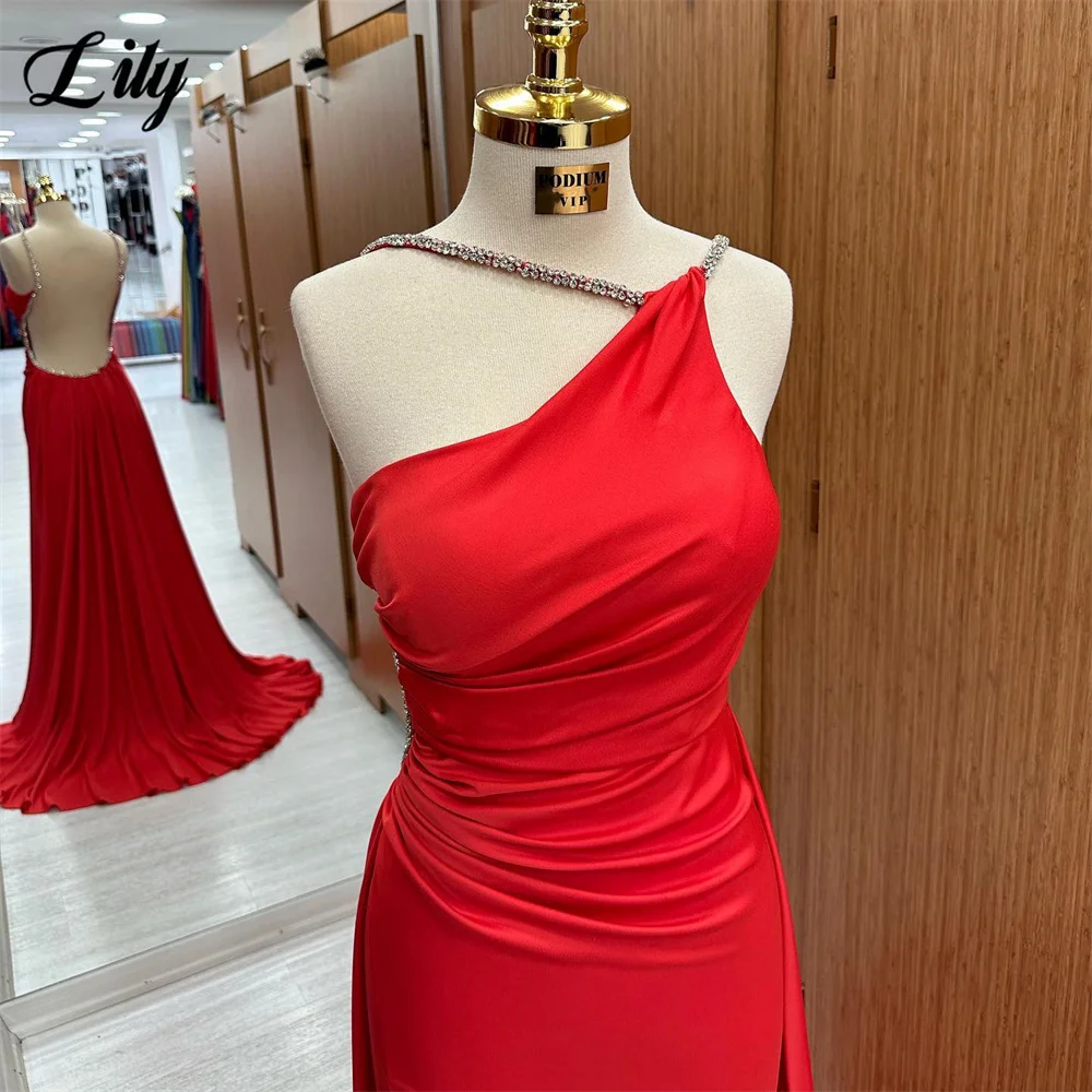 Lily Beautiful Red Prom Dress With Beading Halter Neck Evening Dress Sexy Open Back Mermaid Satin Party Dress With Pleats 프롬드레스