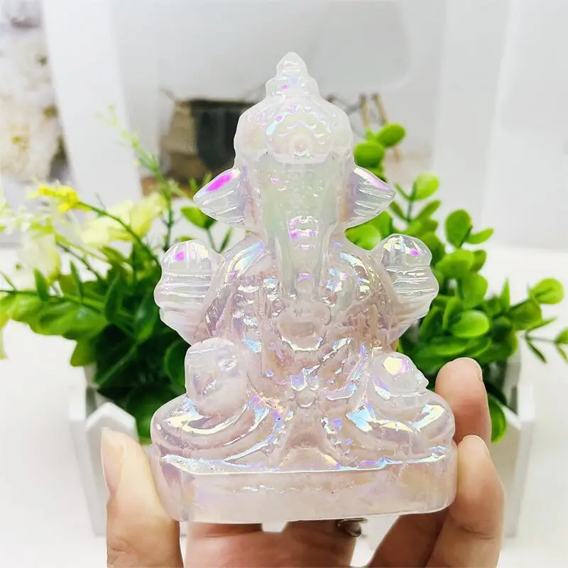 

Natural Aura Rose Quartz Ganesha Carving Statue, Polished Crafts, Healing Fengshui Figurine, Home Ornament Gift, 10cm, 1Pc
