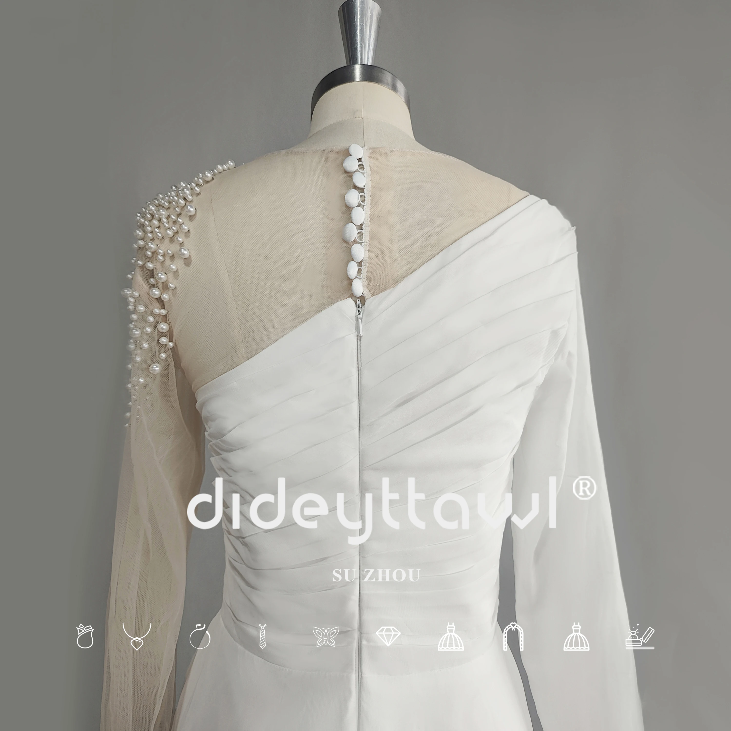 DIDEYTTAWL Long Sleeves Pearls Chiffon Wedding Dress For Women One Shoulder Pleated O Neck A Line Sweep Train Bridal Gown