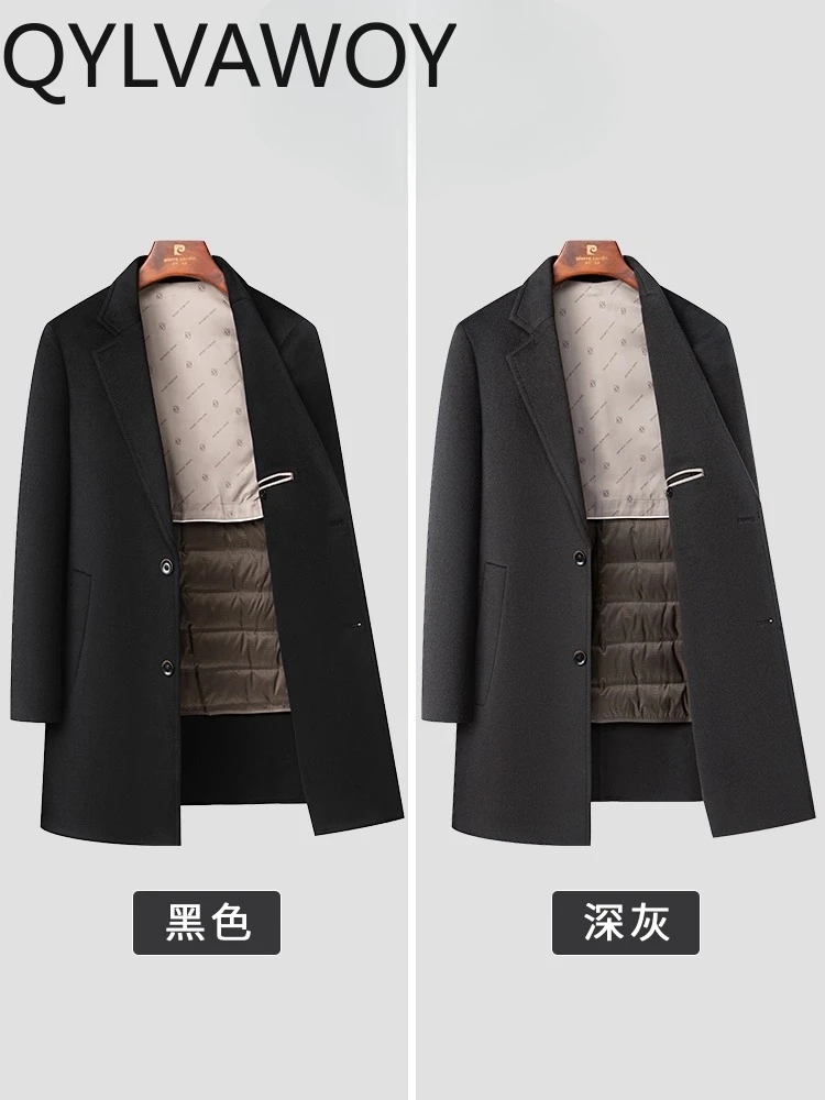 QYLVAWOY 70% Wool Detachable Goose Down Liner Suit Collar Wool Coat Mid-Length Double-Sided Wool Outerwear Dad's Outfit LJ2595