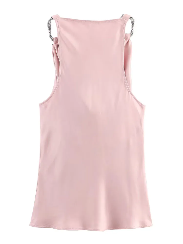 Vrouwen Satijn Halter Top 2025, Vrouwen Nieuwe Mode Mouwloze Rimpel V-hals Metalen Ketting Halter Top Vrouwen Sexy Elegant Vest