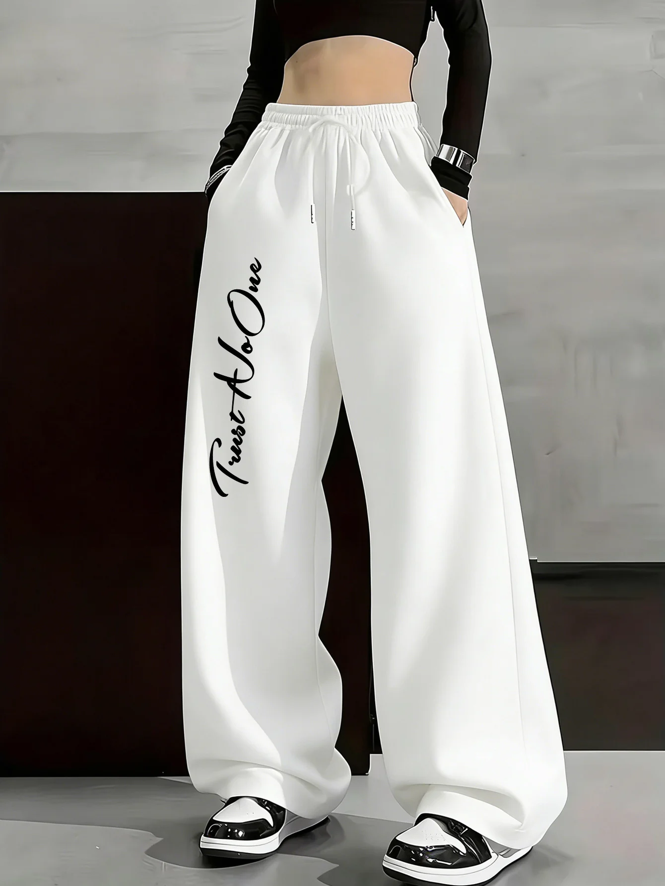 Y2K geometric letter pattern printed casual sports pants, American casual trend women's straight leg pants